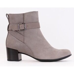 Ecco Block Ankle Boots Grey Nubuck Leather Buckle Zip Booties Size 10.5